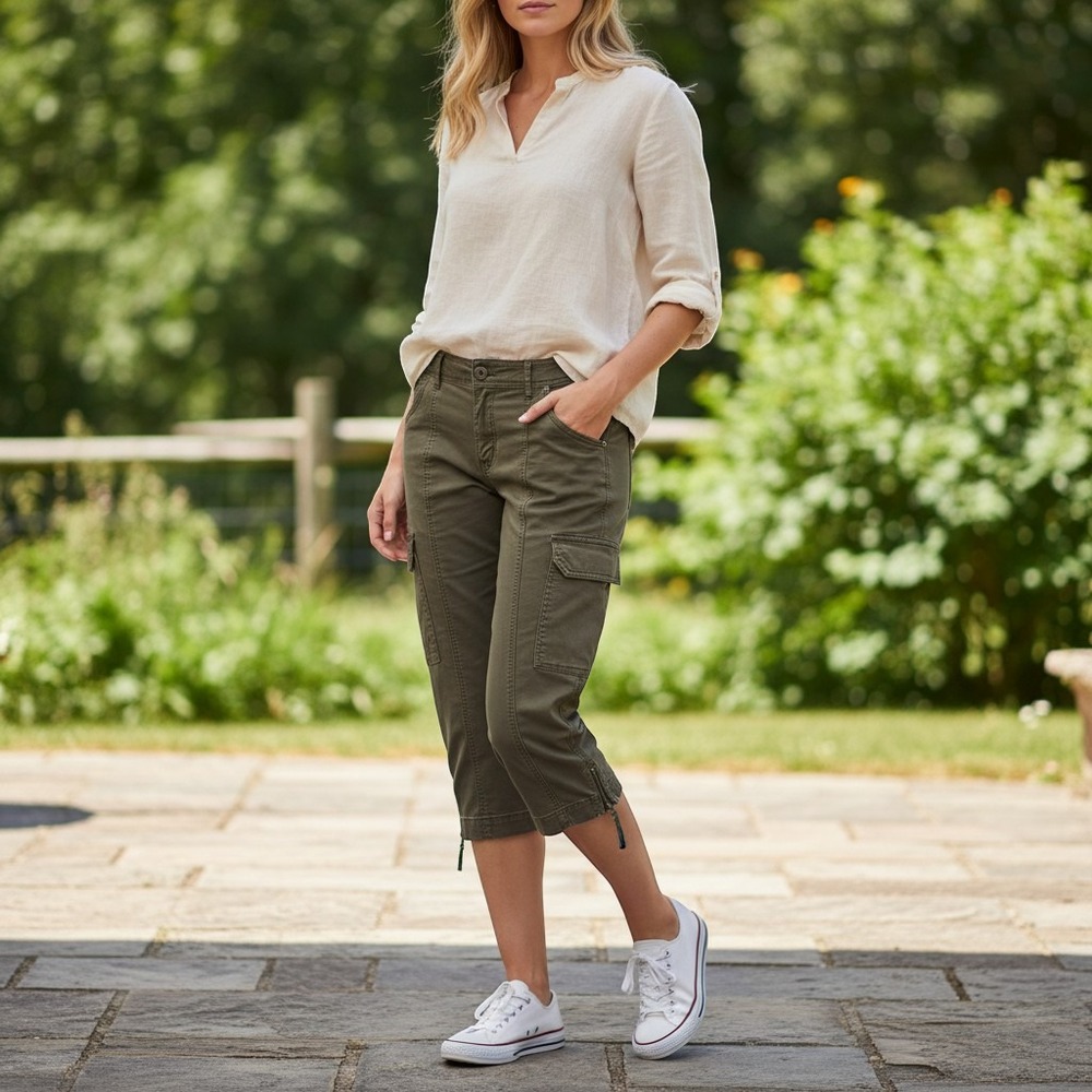 Boden Womens Olive Green Cargo Crop Pants Size 4P Petite Zipper Hem Utility